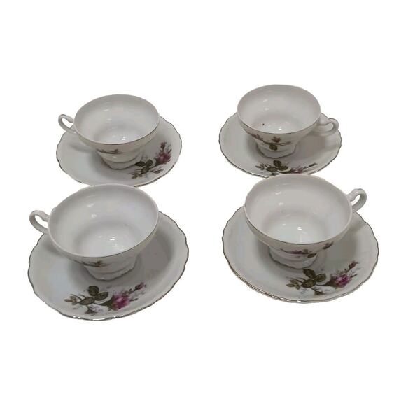 4 Tea Cup SET with Saucers Made In Japan Moss Rose Handpainted Porcelain VINTAGE - Picture 4 of 16